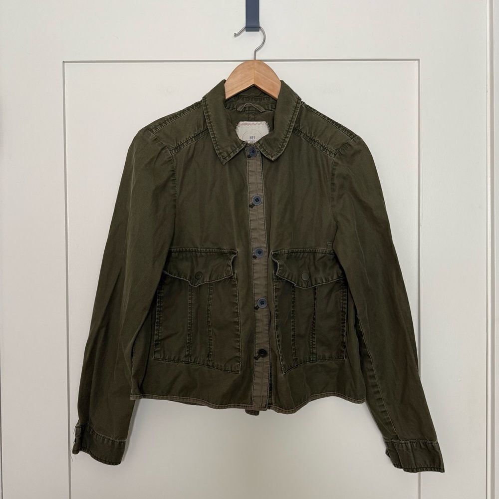 Anthropologie Hei Hei Crop Jacket Womens Sz S Army Green Button Up Lightweight